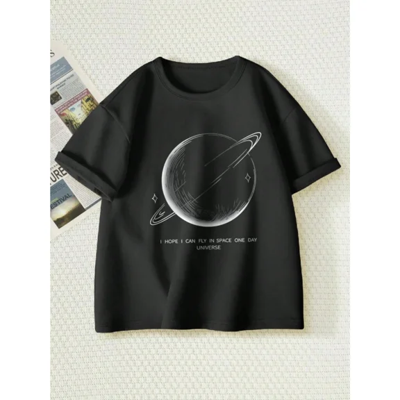 children’s wear Cool Space Planet Graphic T-Shirt for Kids Boys Girls, Retro Universe Saturn Short Sleeve Casual Cotton Tee, I Hope I Can Fly In Space One Day Child Top