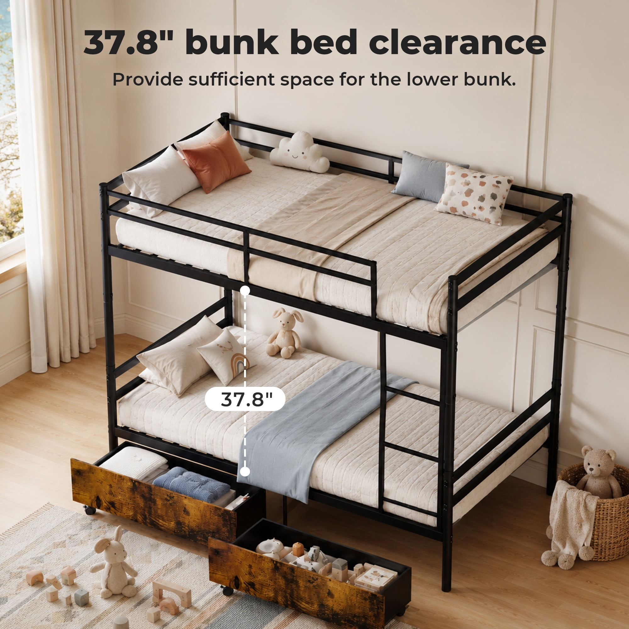 Alvantor Bunk Bed Twin over Twin for Kids, Metal Bunk Bed with Drawers, Converted Into 2 Twin Bed Black