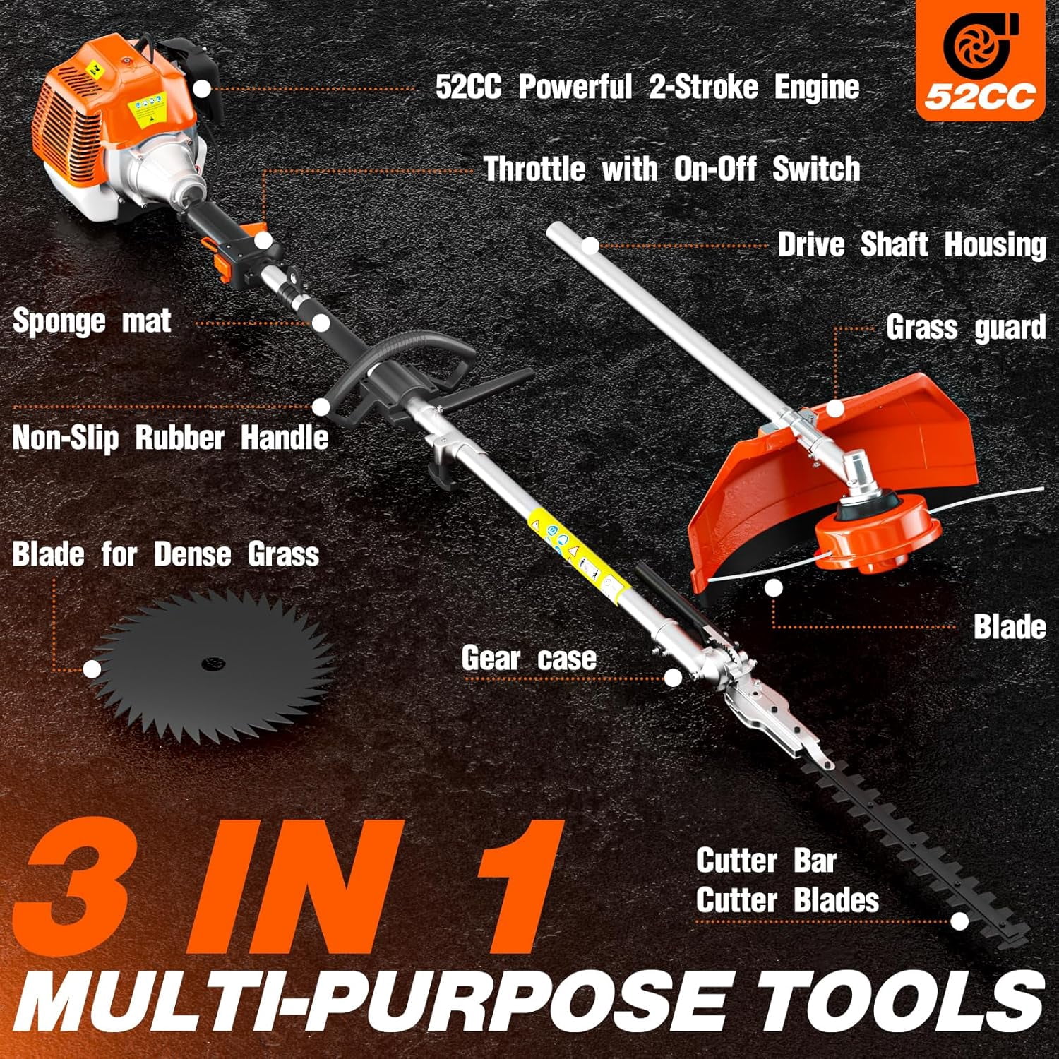 Datingday 52CC 3 in 1 Gas String Trimmer with Gas Hedge Trimmer,2-Stroke Brush Cutter Gas Powered Gas Weed Eater Trimmer for Weeds and Grass