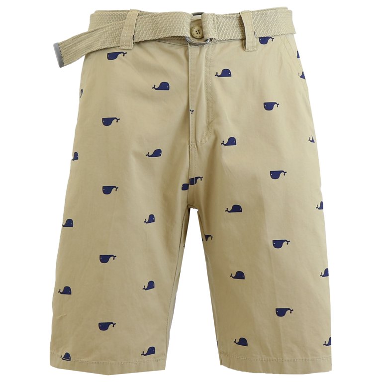 Mens Flat Front Printed Cotton Shorts With Belt 