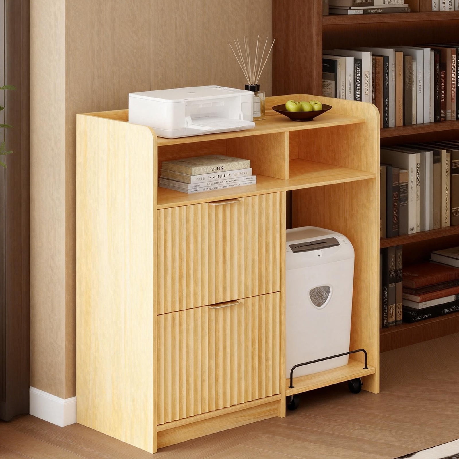 Ktaxon Wood 2 Drawer File Cabinet with Cart Charging Station Dresser Office Cabinet, Wide Printer Paper Shredder Stand with Storage Shelves for Home Office Study