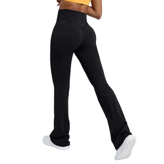 Pantalones de yoga acampanados para mujer: leggings de cintura alta, pantalones informales de entrenamiento acampanados, 80 % poliéster y 20 % spandex, diseño en color liso