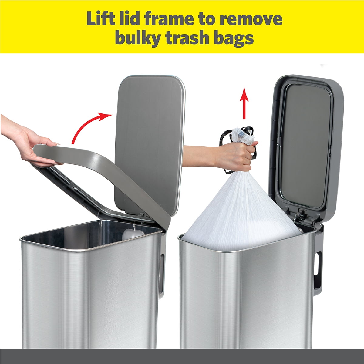 Glad Kitchen Trash Can, 12 Gallon Stainless Steel Slim Step Garbage Bin with Grey Lid, Silver