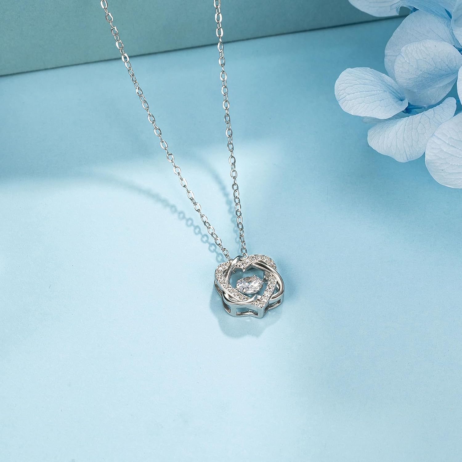 Sterling Silver Interlocking 2 Hearts Necklace, Female Godmother Gifts for Goddaughter, Baptism, First Confirmation, Easter, Graduation, Birthday
