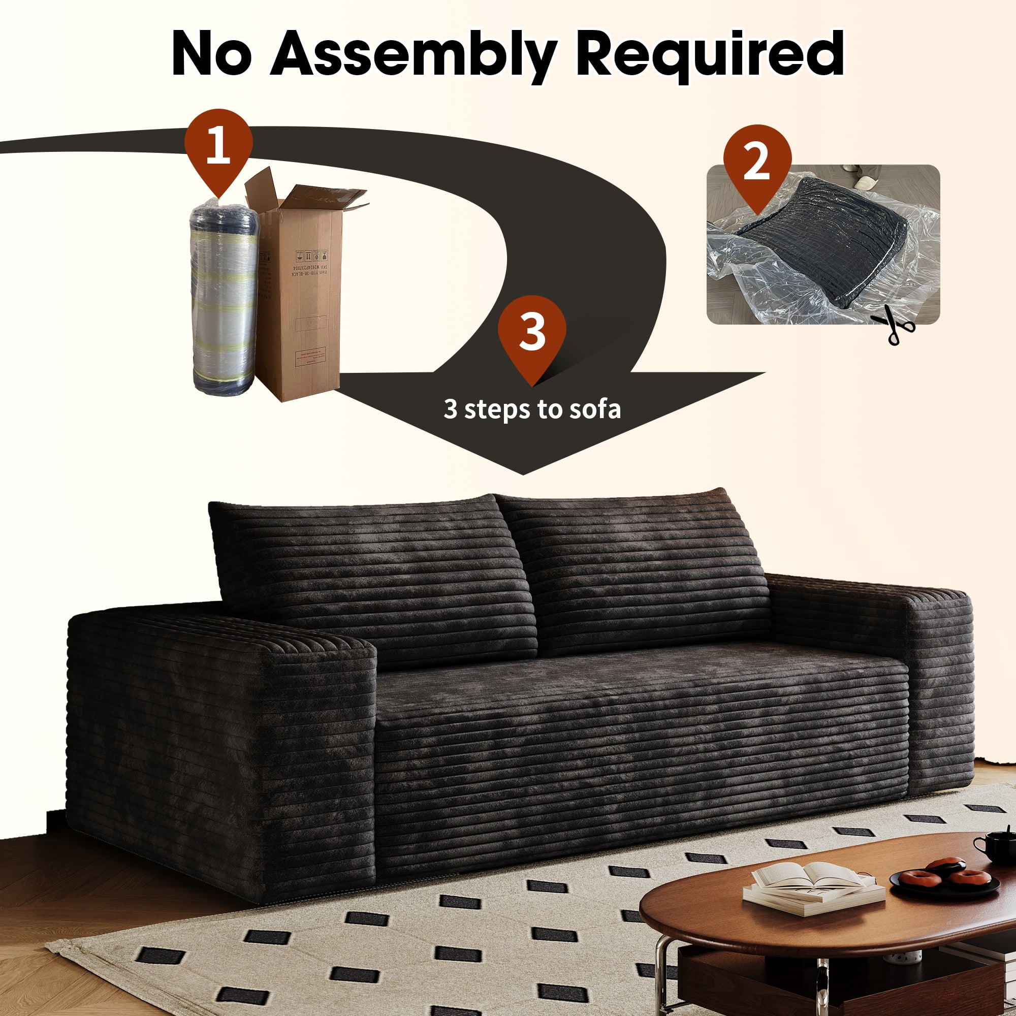 Leumius 71" Cloud Couch,3 Setaser Sofa with Deep Seat,Boneless Couch Sofa with 2 Pillows for Living Room,No Assembly Required,Black