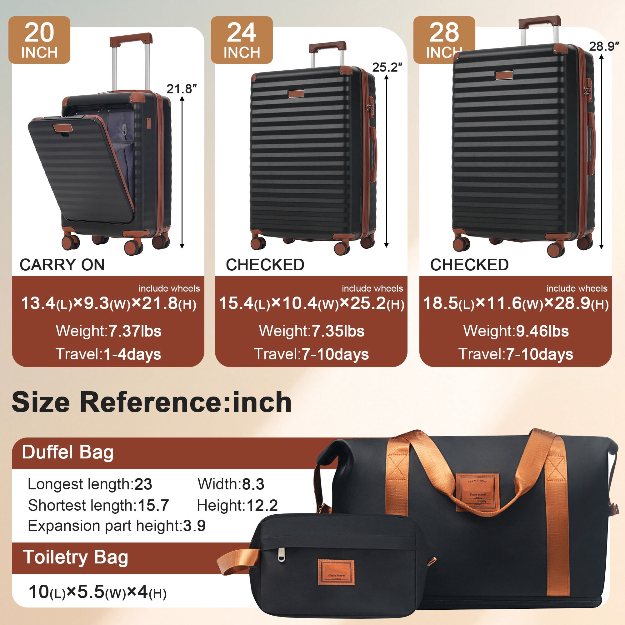 Hardside Suitcase, Luggage Sets 5 Piece with Front Opening , Hardside Expandable Carry on Suitcase with Spinner Wheels TSA Lock USB Port Cup Holder Duffel Bag and Toiletry Bag, Hardside Luggage