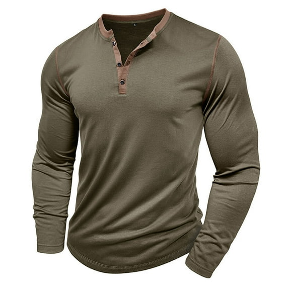 Goodtrade8 Solid Color Mens Tops Long Sleeve Button 100% Cotton Crew Neck Long Sleeve Green Casual Shirt Winter for Men