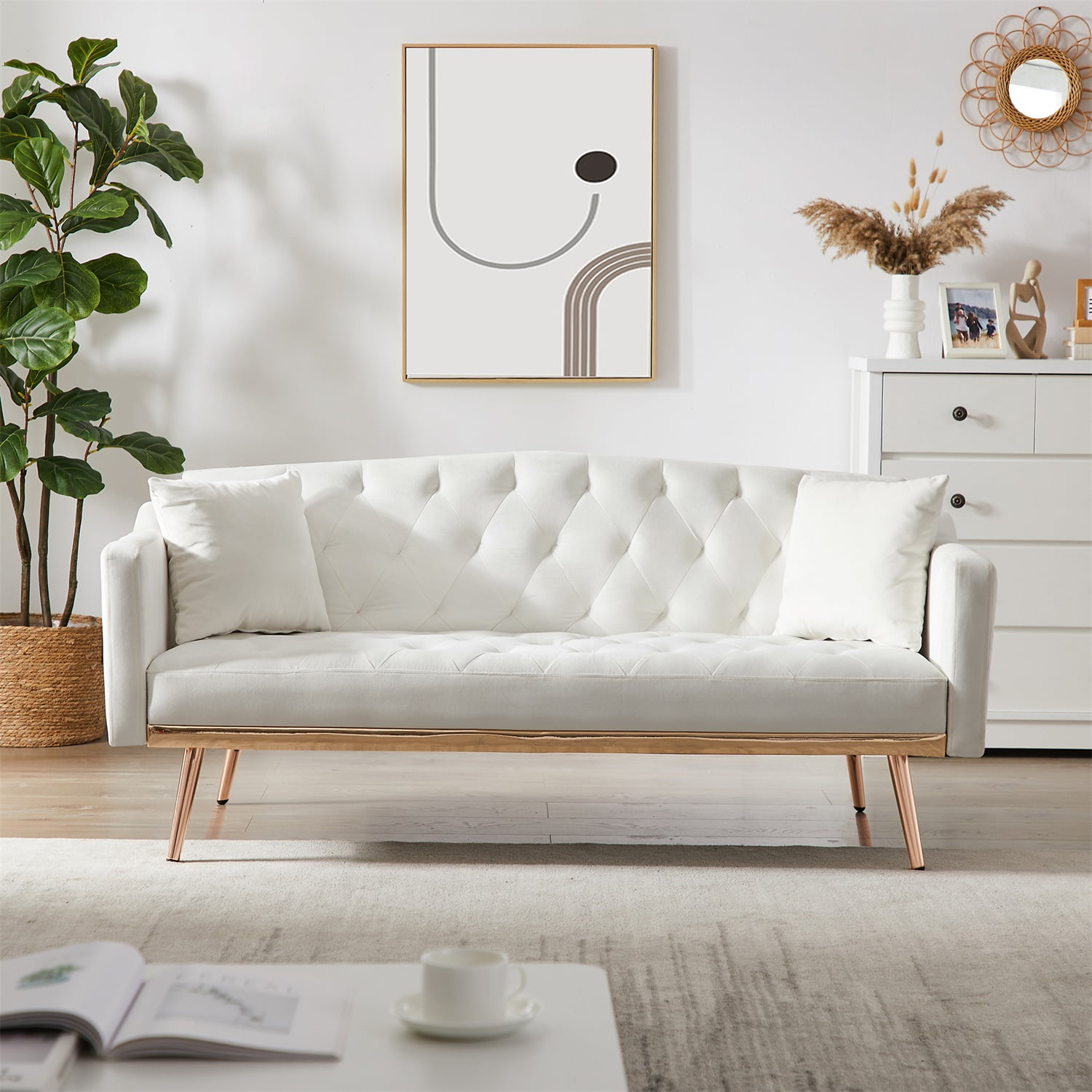 Resenkos Sofa Bed Convertible Sofa Sleeper 61.5" Sofa for Bedroom Fabric Compact Living Space Couch for Apartment and Room, White