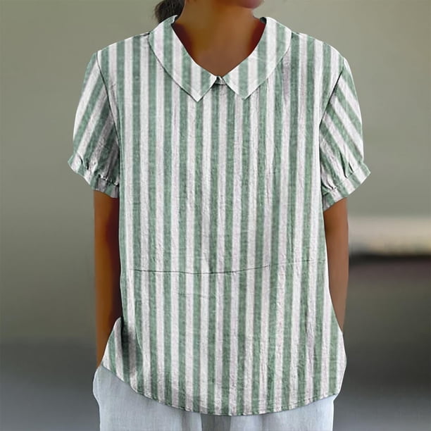 Fiudx Camisas de Mujer Camiseta Holgada Informal con Estampado para Mujer, Tops de Manga Corta con Cuello de Muñeca, Blusa Bonita y de Lino