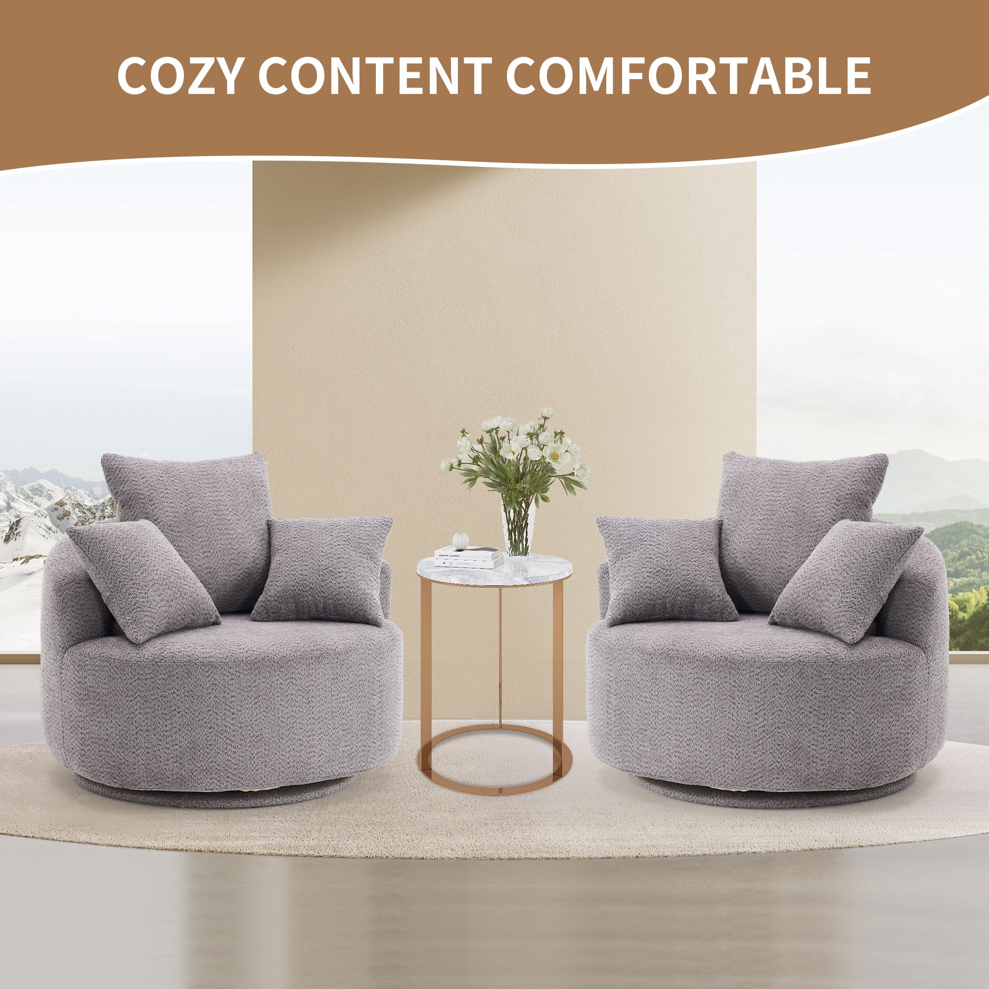 PORKISS Oversized Swivel Accent Chair Barrel Chair, Crochet Yarn Upholstered Armchair with 3 Pillows, Round Armchair Leisure Sofa Chair for Living Room Office Lounge Hotel, Gray
