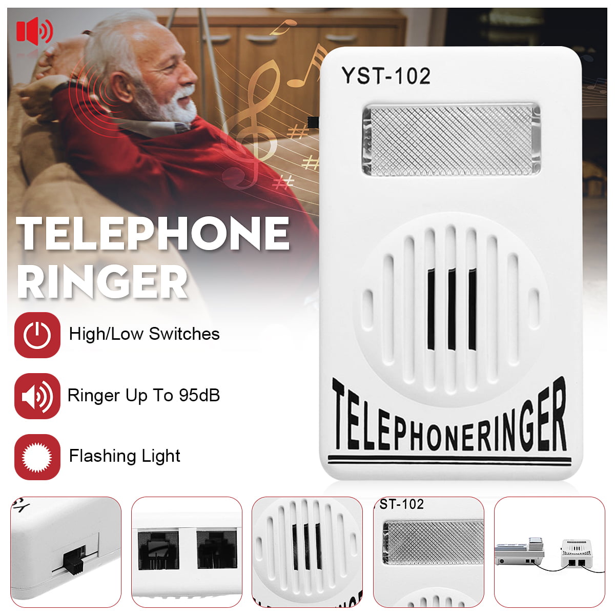 Telephone Phone Bell Ringer up to 95dB w/ Strobe Light Flasher Extra-Loud HOT US 