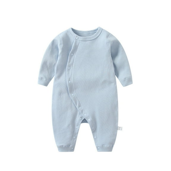 PINQI Girls Boys Spring and Autumn Baby Solid Color Playsuit Long Sleeve Ribbed Button Bodysuit Crawling Suit Soft and Comfy Jumpsuit(Light Blue-1,9-12 Months)
