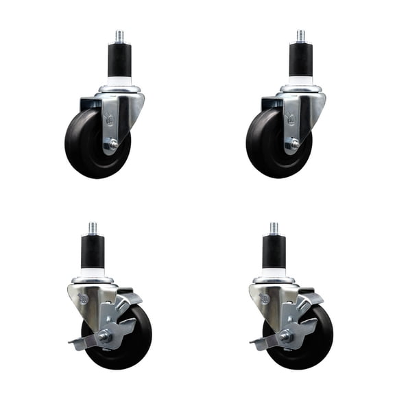 3.5 Inch Soft Rubber Wheel Swivel 1-1/2 Inch Expanding Stem Caster Set 2 Brakes