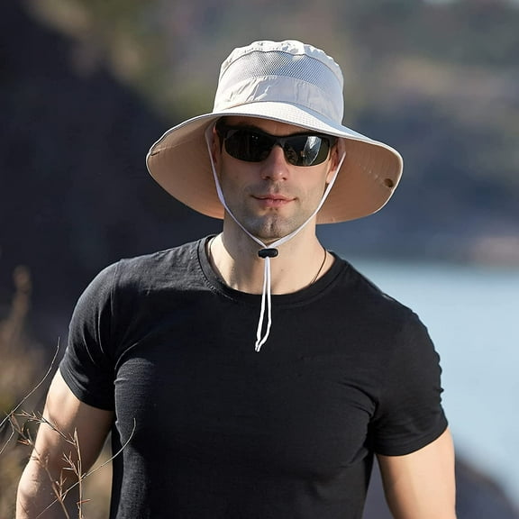 VONTER Unisex Wide Brim Sun Hat,Outdoor UPF 50 Waterproof Boonie Hat Summer UV Protection Sun Caps Camping Hiking Fishing Hunting Boating Safari Cap for Men and Women - Beige