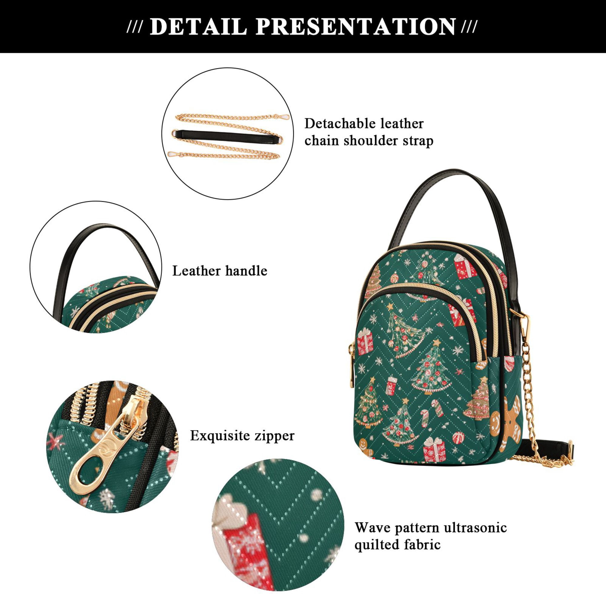 FORMRS Crossbody Bag for Women Quilted Travel Shoulder Cell Phone Purse with Chain Strap Handbag, Green Christmas Gingerbread