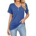 thumbnail image 1 of Top casual de manga corta para mujer con decoración de botones, cuello en V, camiseta suelta de poliéster para verano, azul brillante XXL, 1 of 6