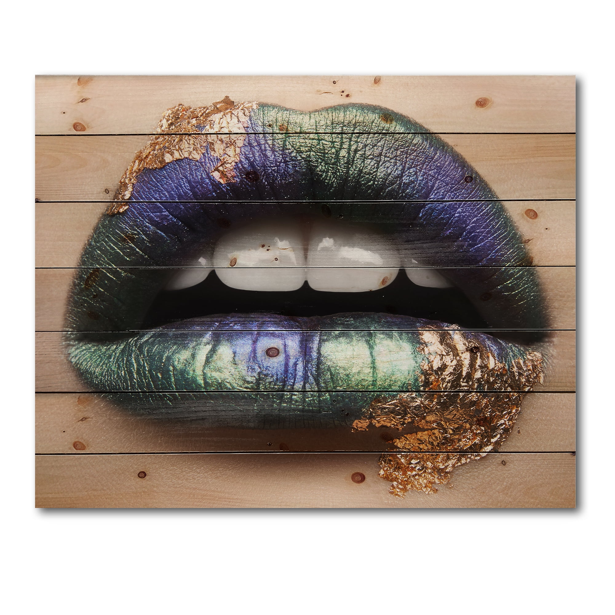 Designart 'Woman Lips With Green Lipstick & Teeth' Modern Print on Natural Pine Wood