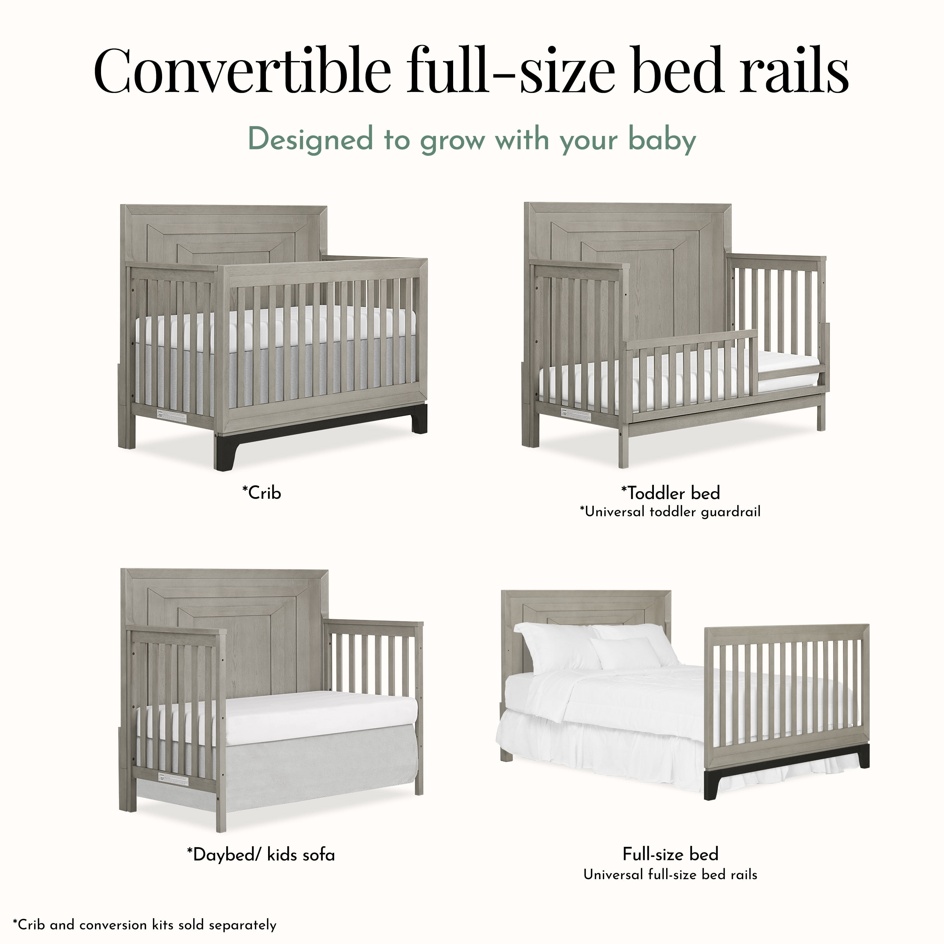 Evolur Convertible Crib Wooden Full Size Bed Rail, Light Ash