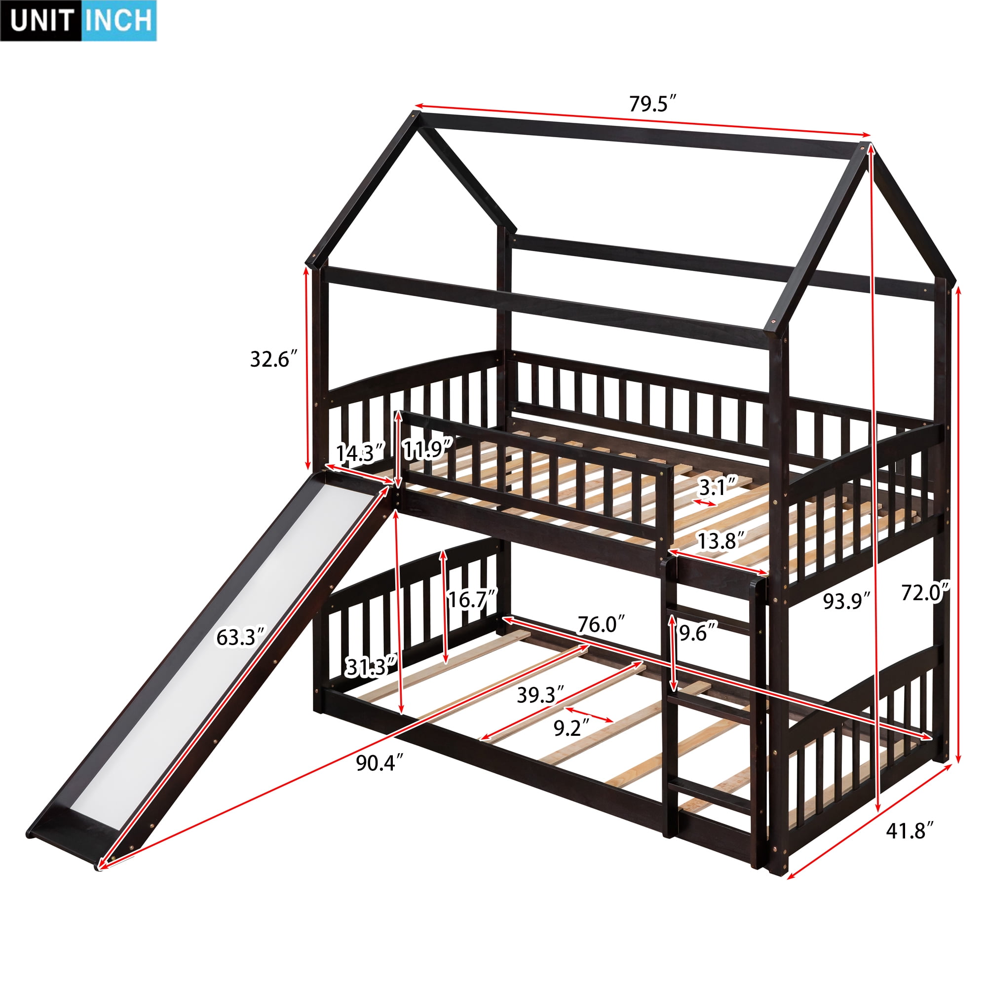 DEALTOPS Twin over Twin Bunk Bed with Slide and Ladder, Wooden Bed Frame for Kids, Teens, Espresso