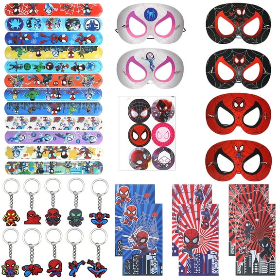 Spider Superhero and Amazing Friends Party Supplies Includes 12 Slap Braceletss 6 Masks 6 Stickers 6 Paper Bags 10 Keychains Party Gift Set