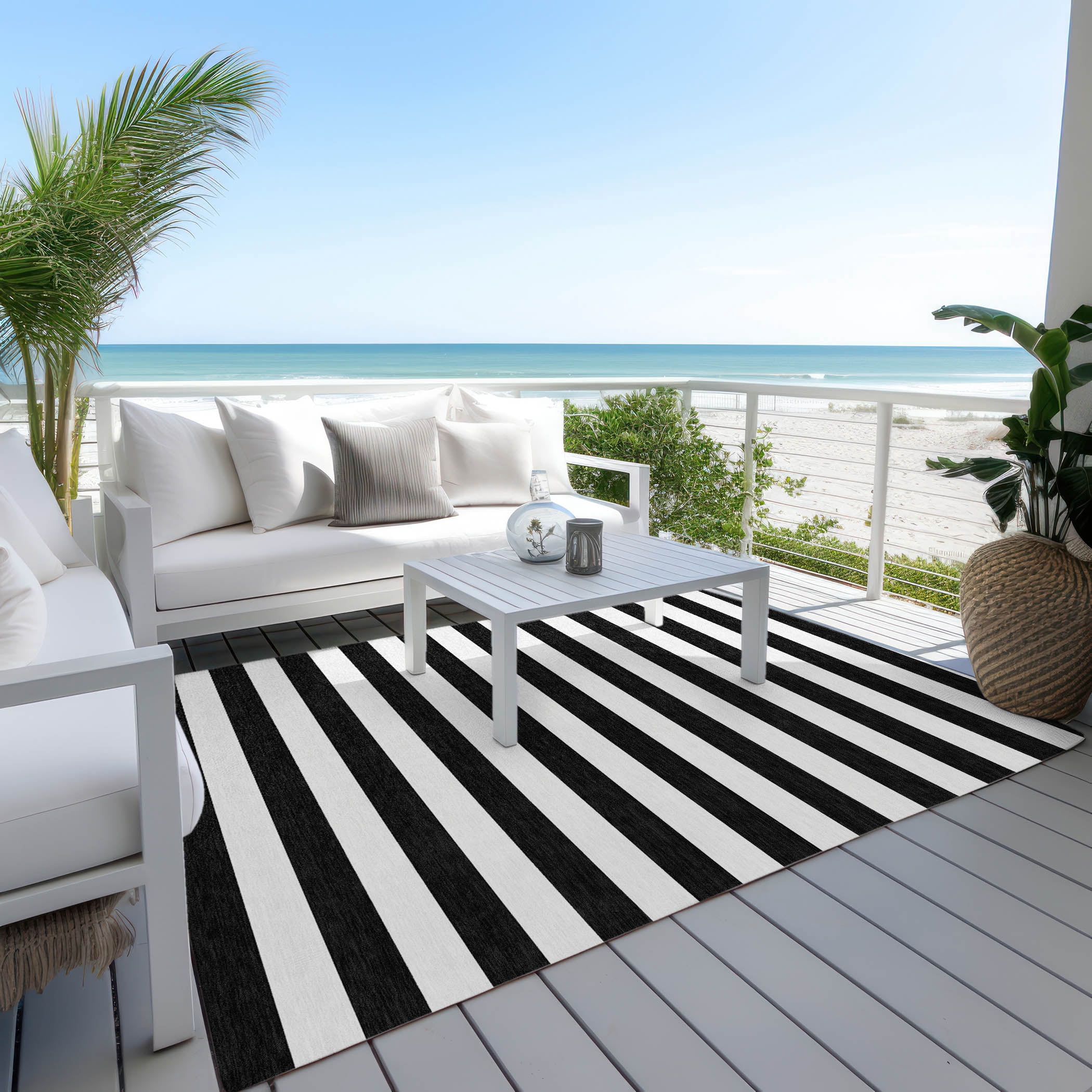 Addison Rugs Chantille Indoor/Outdoor Transitional Stripes Black Washable Rectangle Rug, 10' x 14'