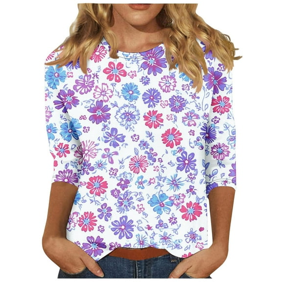 Women Cute 3/4 Sleeve Tops Floral Butterfly Printed Tunic Tshirts Crewneck Casual Shirts Basic Tees