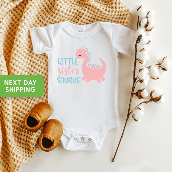 Little Sister Saurus Onesie Dinosaur Bodysuit, Baby Onesie Dinosaur Shirt, Girl Onesie Sister Onesie Cool Baby Clothing, Cute Baby Onesie, BABY BODYSUIT LAT 4424