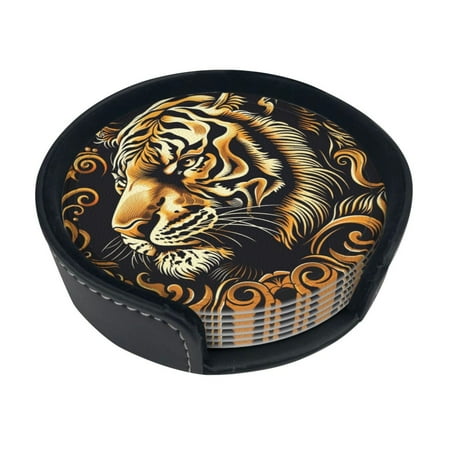 

Animal art Beverage Coasters 6-piece set leather embosed coasters with stand Waterproof round coasters suitable for home