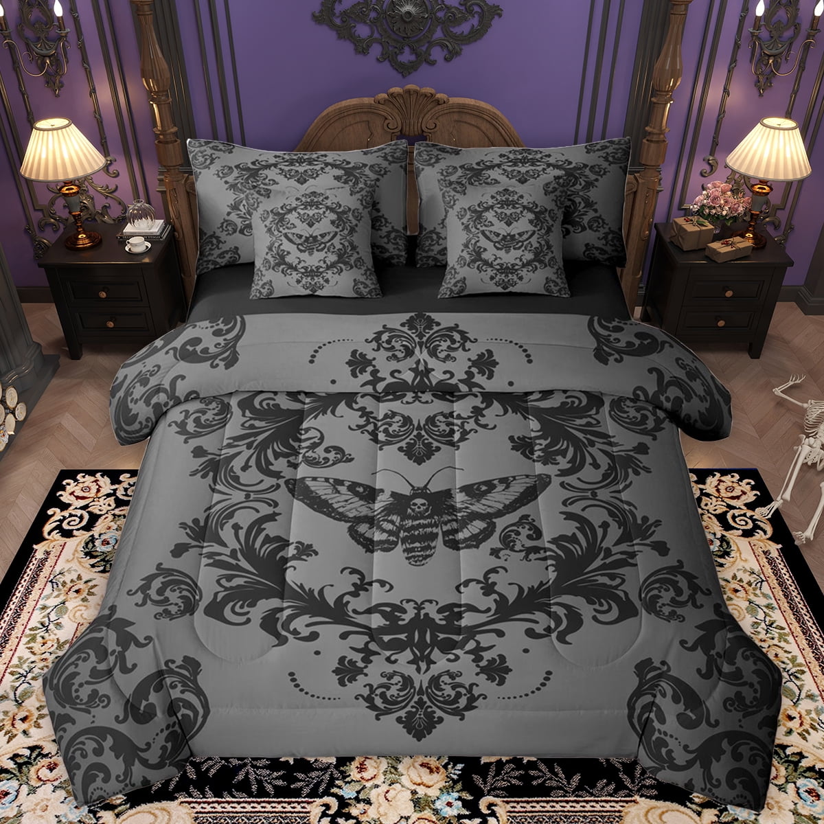 Homewish Rustic Victorian Flower 7-Piece Twin Bedding Sets Baroque Damask Pattern Bedding Comforter Set Gothic Moth Sheet Sets For Adult Luxury Bedroom Decor Reversible