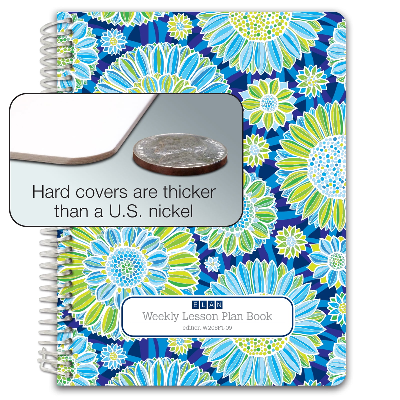 Elan Publishing Company Hardcover 8 Period Teacher Lesson Plan; Days Vertically Down the Side (W208) (+) Bonus Clip-in Bookmark (Green Blue Flowers) - W208FT -09