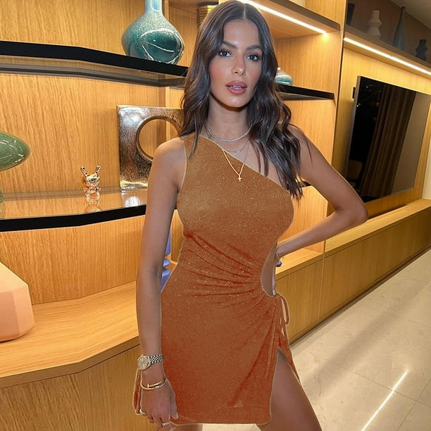 Women Party Dress Glitter One Shoulder Hollow Waist Drawstring High Split Hip Dress Ladies Bar Club Tight Short One Piece Walmart Com