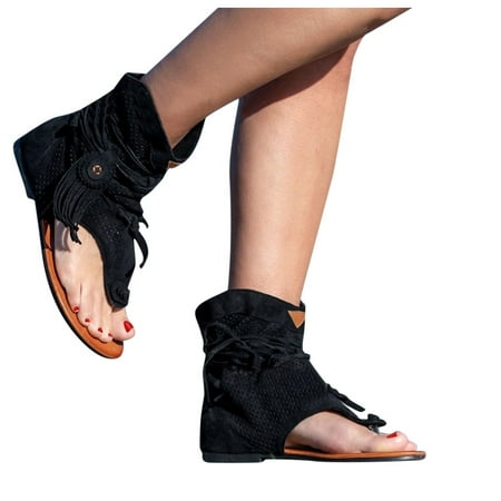

Posh Gladiator Sandals for Womens Flat Sandals Hollow Out Thong Sandals Tassel Zip T-Strap Sandals Retro Bohemian Beach Roman Boots