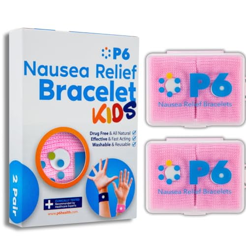P6 Motion Sickness Bands for Kids Childrens Wristbands for Anti Nausea Sea Cruise Travel Car Sickness All-Natural Non Drowsy Relief Acupressure Treatment (2 Pack, Pink - Pink)