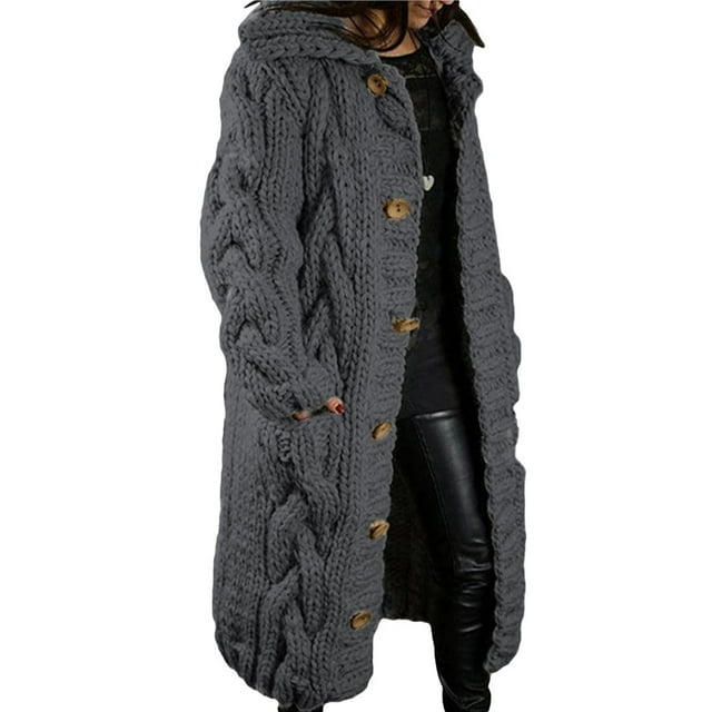 Cárdigan de Larga de Punto Grueso para Mujer, Suéter de Otoño Invierno de Gran Tamaño con Botones y Bolsillo. Gris Oscuro XXL