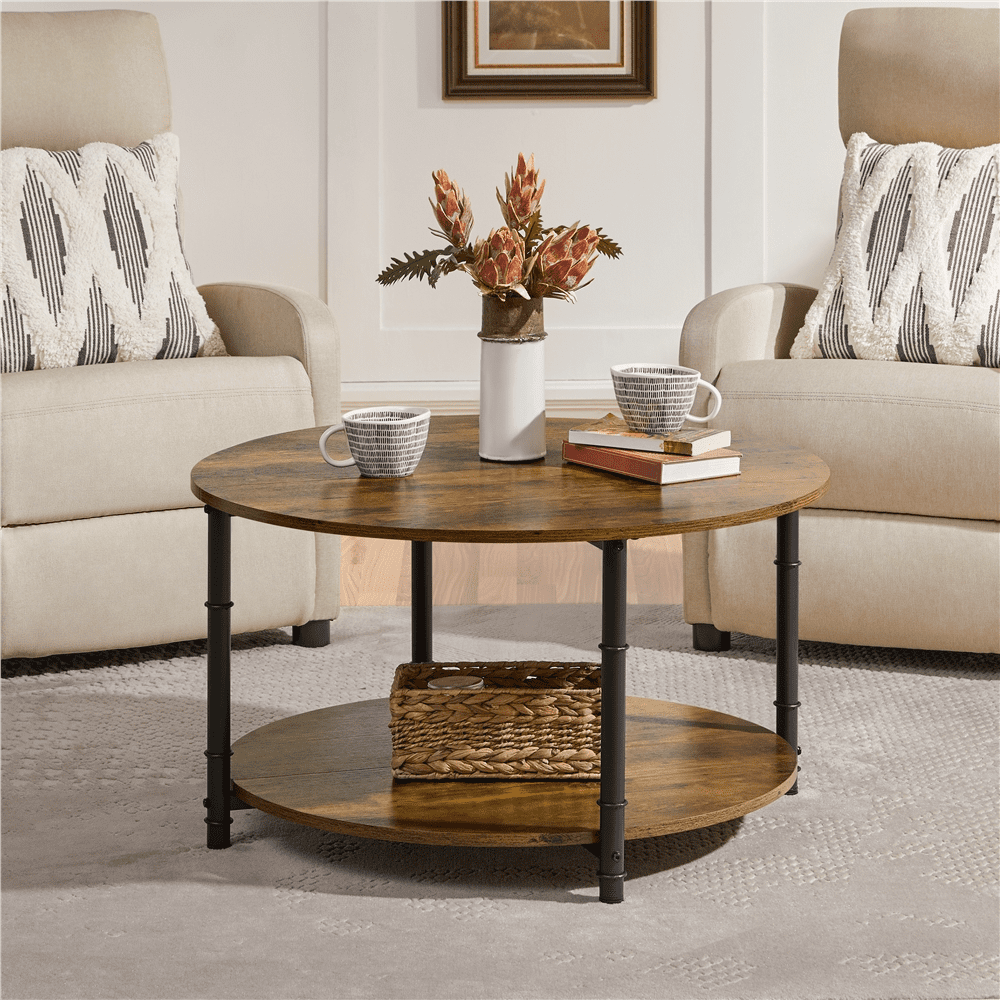 Alden Design 2 Layer Round Coffee Table with Metal Frame, Rustic Brown