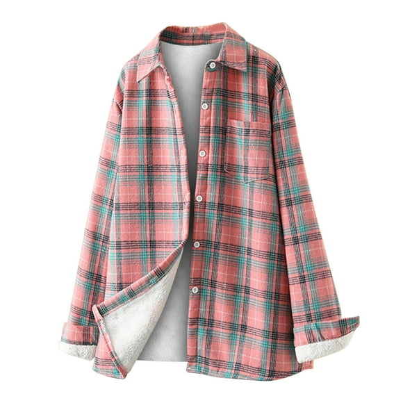 FAIWAD Women's Plus Size Fleece Lined Shirt Plaid Print Button Down Lapel Shirt Fall Winter Warm Fuzzy Coat