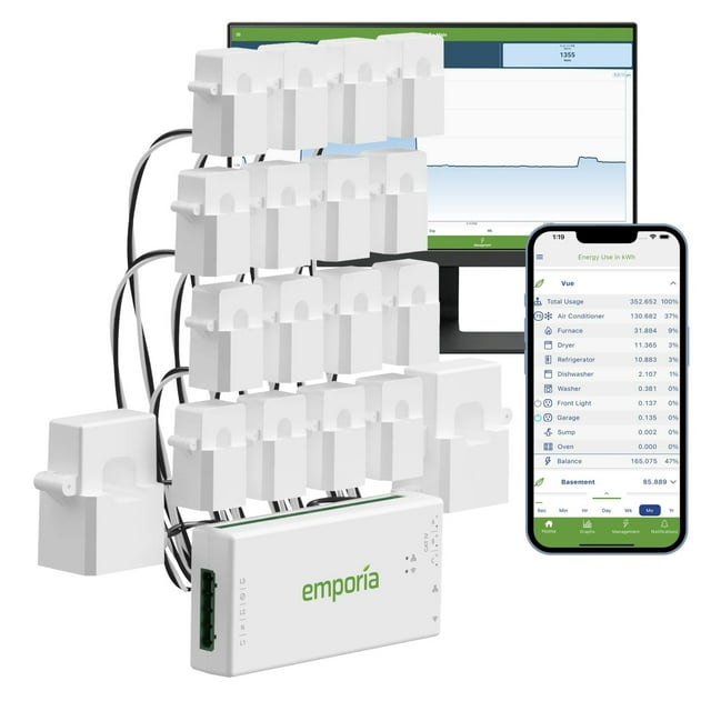 Emporia Moniteur d'Énergie Domestique Intelligent Gen 3 avec 16 Capteurs de Niveau de Circuit 50A - Automatisation et Contrôle de l'Énergie Domestique - Moniteur/mètre d'Électricité en Temps Réel - Mesure Solaire/réseau