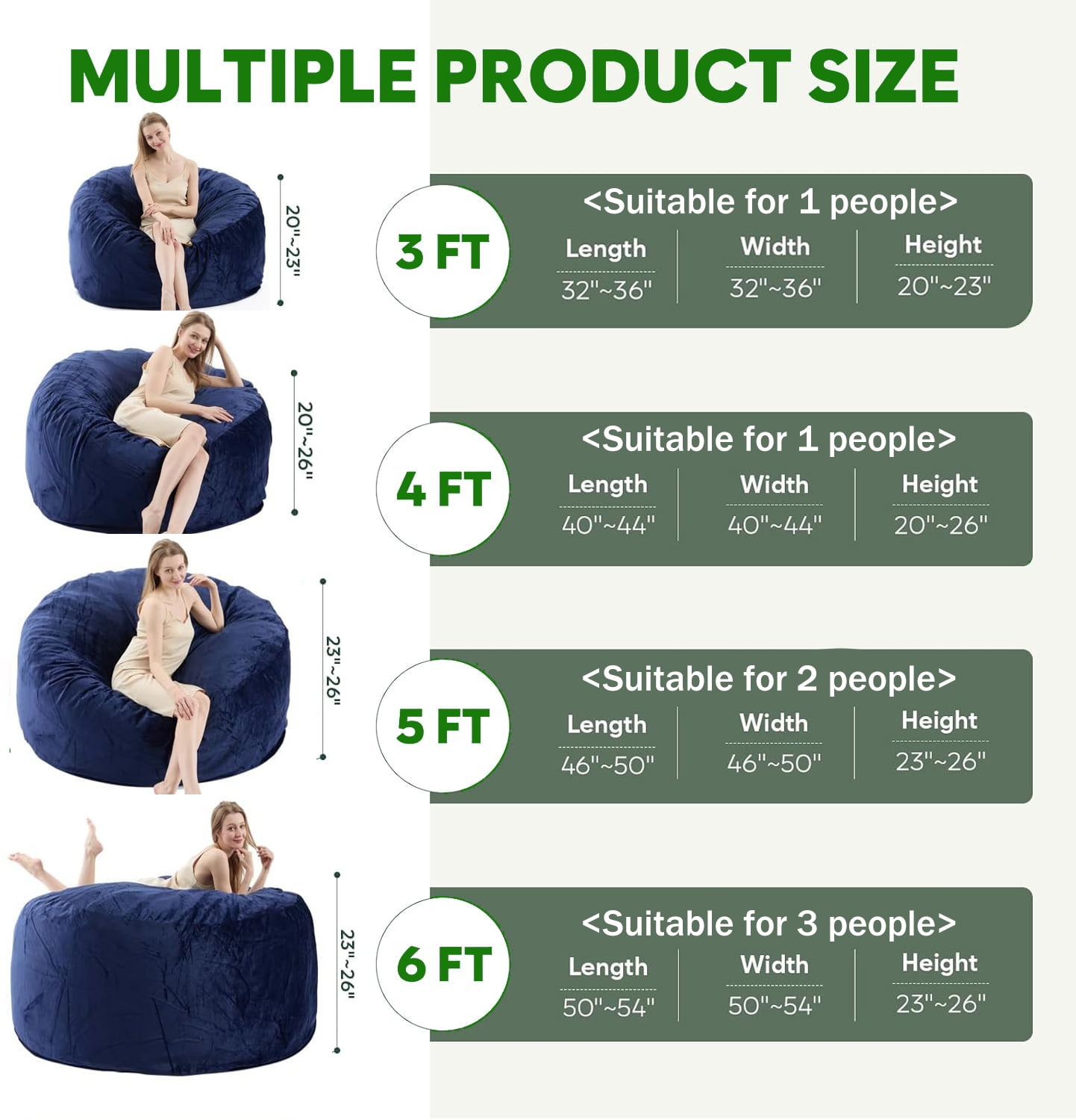 VIREO Bean Bag Chair - 3FT Bean Bag Chairs for Adults Memory Foam Filler Beanbag Chair with Ultra Soft Removable and Washable Flannel Cover, Beanbag Chairs for Living Room - Blue