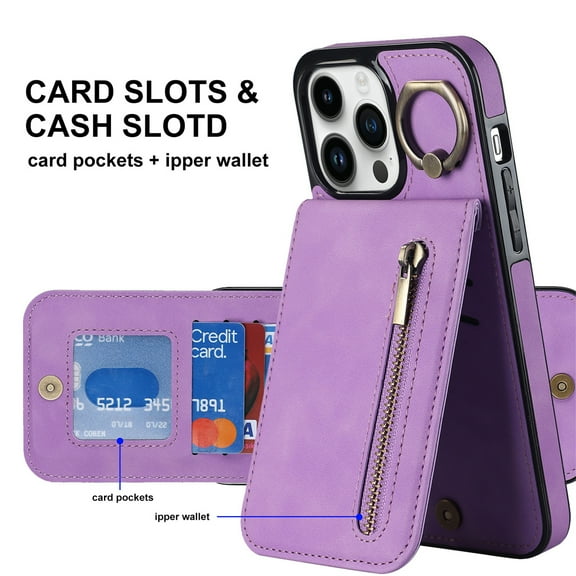 ELEHOLD For iPhone 11 Pro, Wallet Case with Card Slot Holder,RFID Blocking,Built-in 360°Rotating Ring Kickstand Zipper Retro Purse Shockproof Case Cover, purple