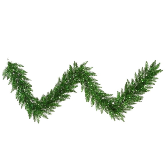 Vickerman 9' Tinsel Green Artificial Christmas Garland, Green Dura-lit Incandescent Mini Lights - Faux Tinsel Christmas Garland - Indoor Seasonal Home Decor