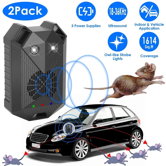 Imountek 2Pcs Under Hood Ultrasonic Rodent Repellent, Car Mouse Blocker with Strobe Light 3 Power Supplies for Vehicle Indoor, Black