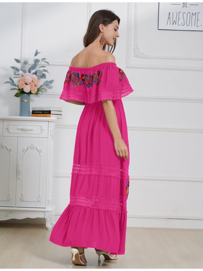 Modern Traditional Mexican Floral Dress Summer Mexican Dresses Idopip Women  Mexican Dress Off Shoulder Floral Embroidered Long Maxi Dress Traditional  Fiesta Dresses