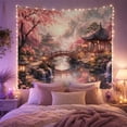 thumbnail image 2 of Cherry Blossom Bridge with River and Pavilion, Peaceful Japanese Inspired Art for Nature Lovers, Oriental Landscape Decor, Housewarming Gift Tapestry Wall Hanging for Living Room and Bedroom, 2 of 7