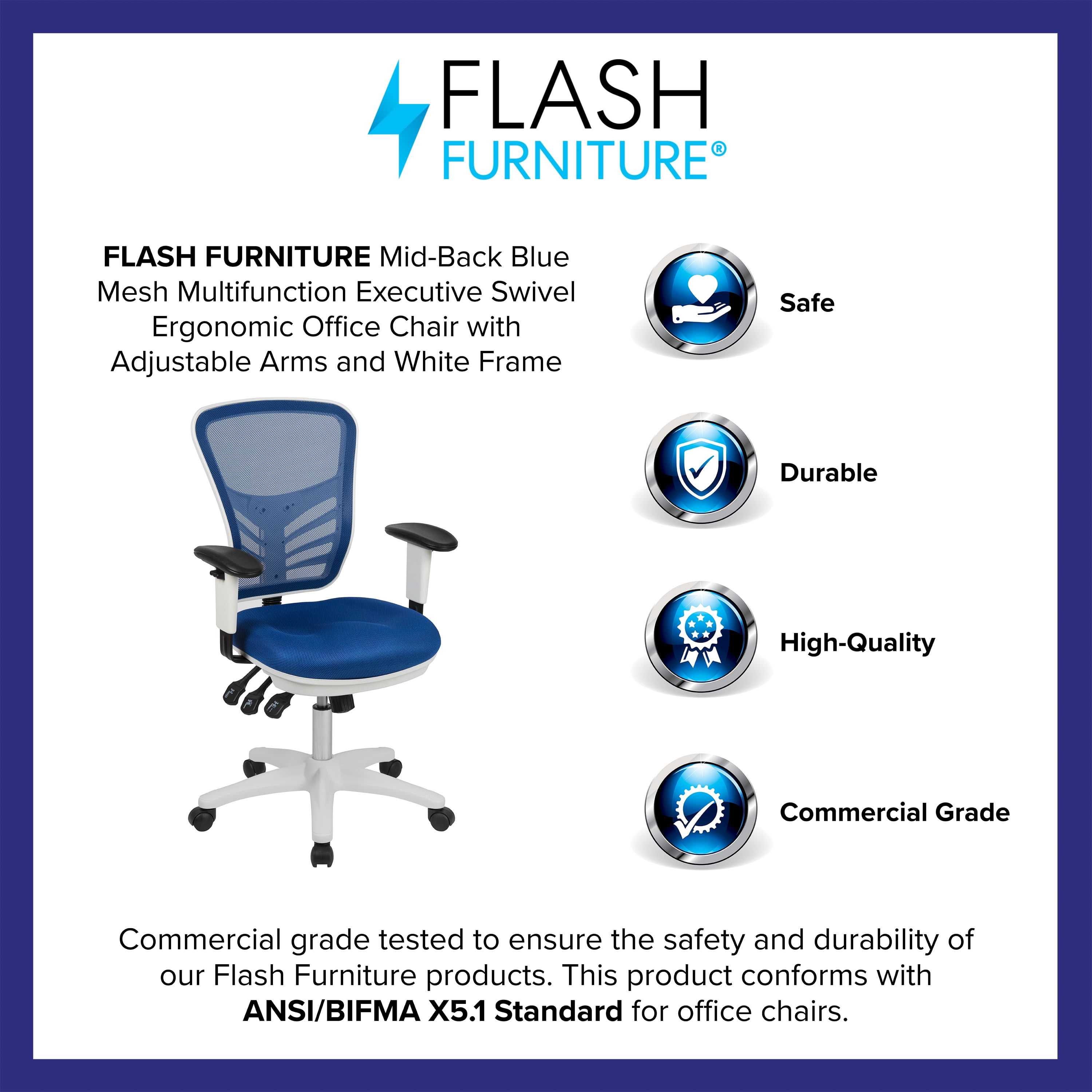 Flash Furniture Mid-Back Blue Mesh Multifunction Executive Swivel Ergonomic Office Chair with Adjustable Arms and White Frame