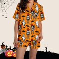 thumbnail image 2 of Halloween Pajamas Sets for Women 2 Piece Satin Pumpkin Print Button Short Sleeve 2 Piece Loungewear Halloween Printed Pajamas for Women, 2 of 5