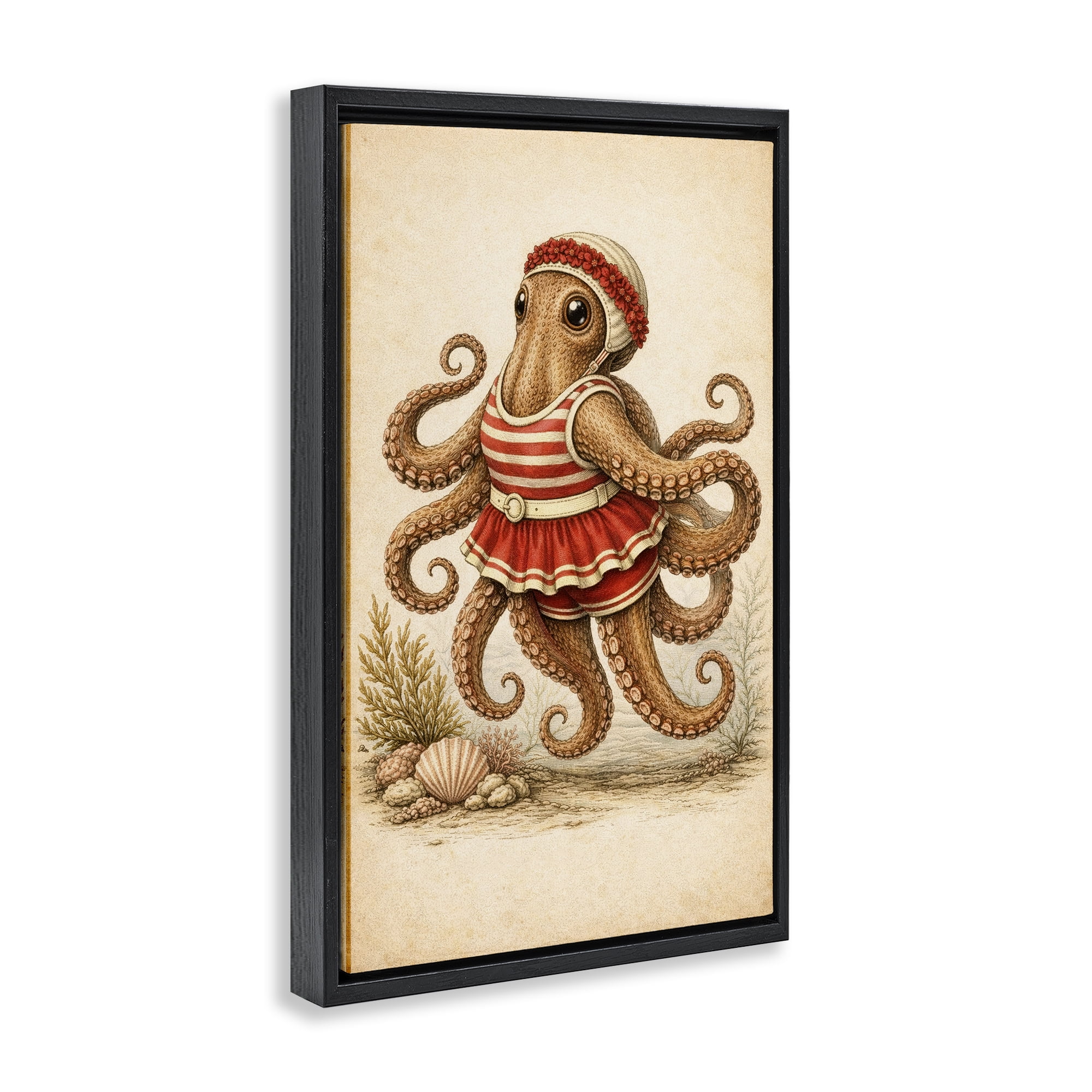 Stupell Industries Octopus of Maritime Bathing Society Black Framed Floater Canvas Wall Art, design by Grotto Studios