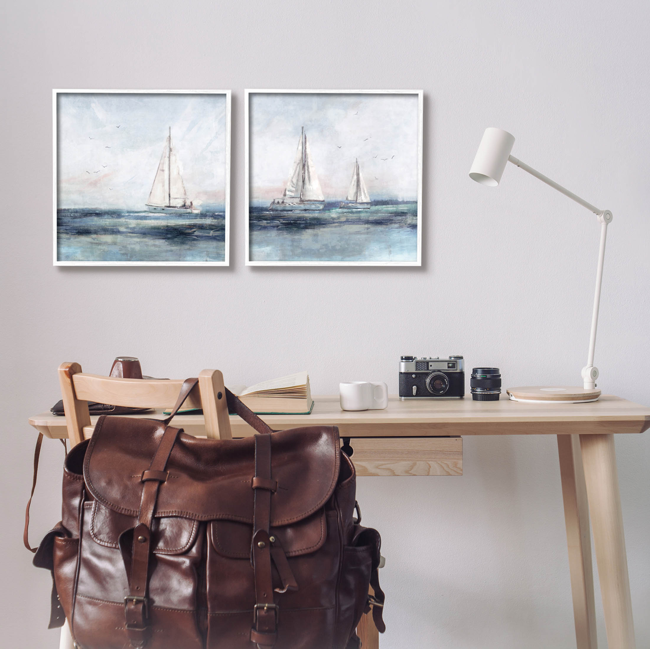 Stupell Industries Blue Sailing Ocean Scene Painting White Framed Art Print Wall Art, Set of 2, Design by Nina Blue