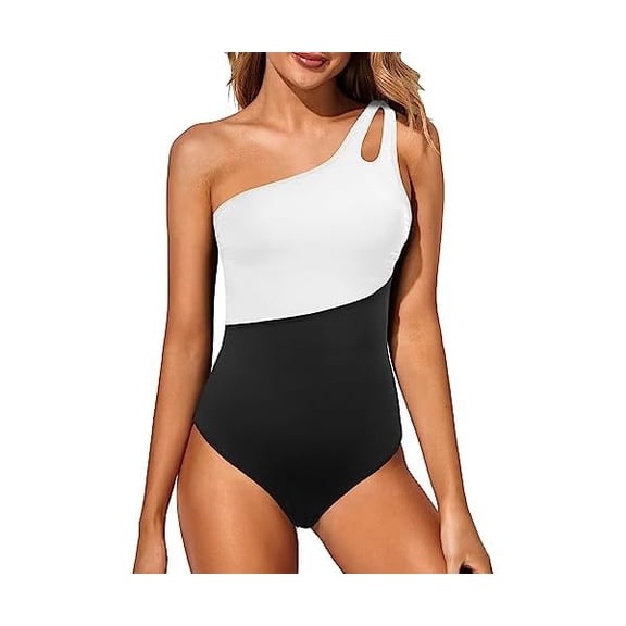One Shoulder One Piece Swimsuit for Women Tummy Control Bathing Suits Modest Full Coverage Keyhole Swimwear
