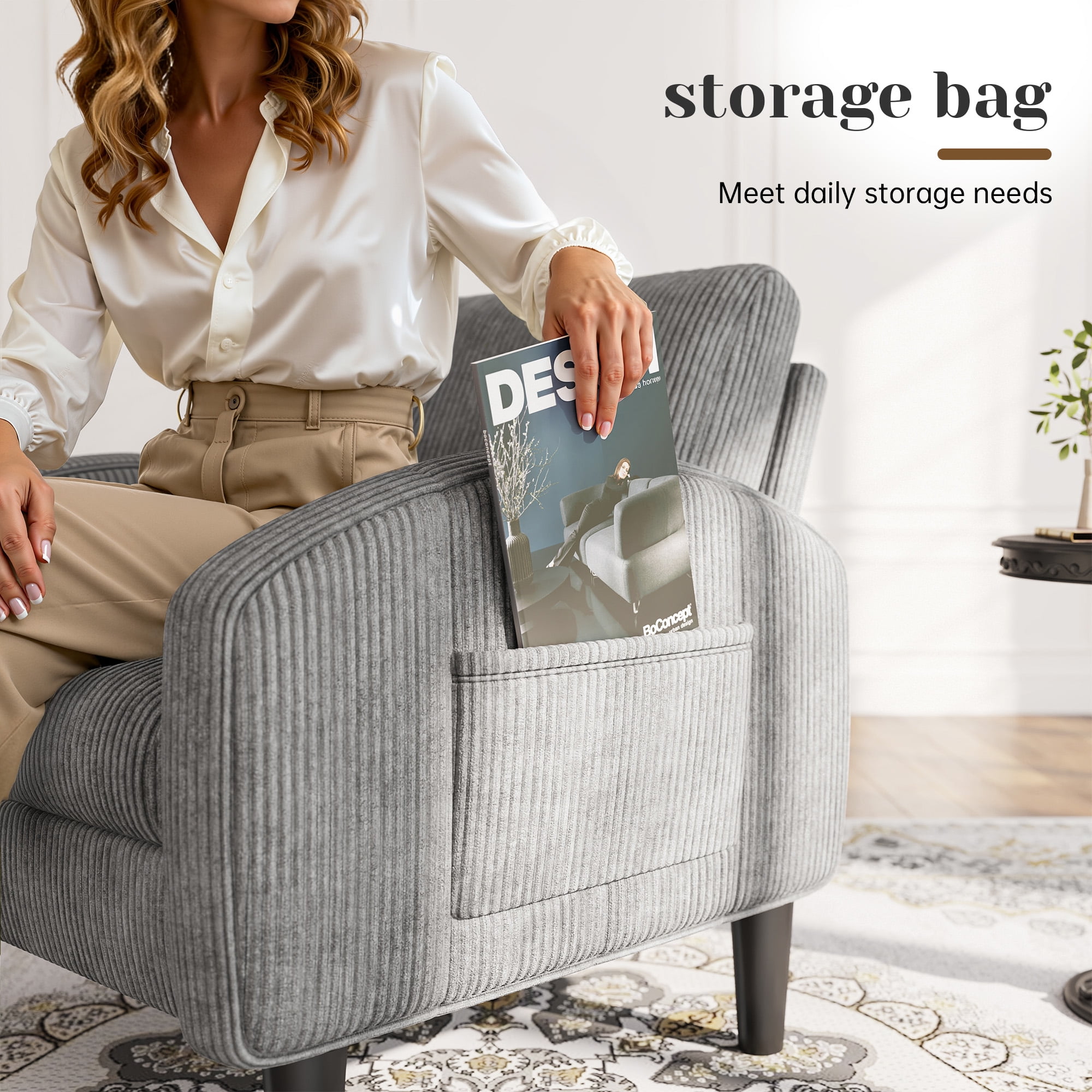 Romorgniz Mid Century Modern Accent Chair, Lounge Armchair with Extra Thick 6.3" Cushion & Side Pockets, Comfort Chair for Living Room, Bedroom, Apartment, Small Space, Light Gray