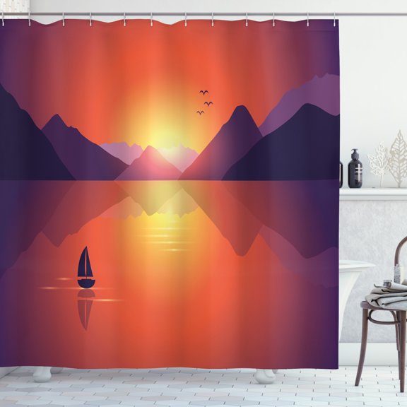 Travel Shower Curtain, A Lonely Sailboat on Calm Water Oceanic Sunset Landscape Scene, Fabric Bathroom Set with Hooks, 69W X 70L Inches, Salmon Dark Purple and Mustard, by Ambesonne